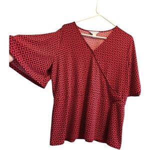 Liz Claiborne XLT Red Blouse Womens XL Tall w/ Black Print & Butterfly Sleeves